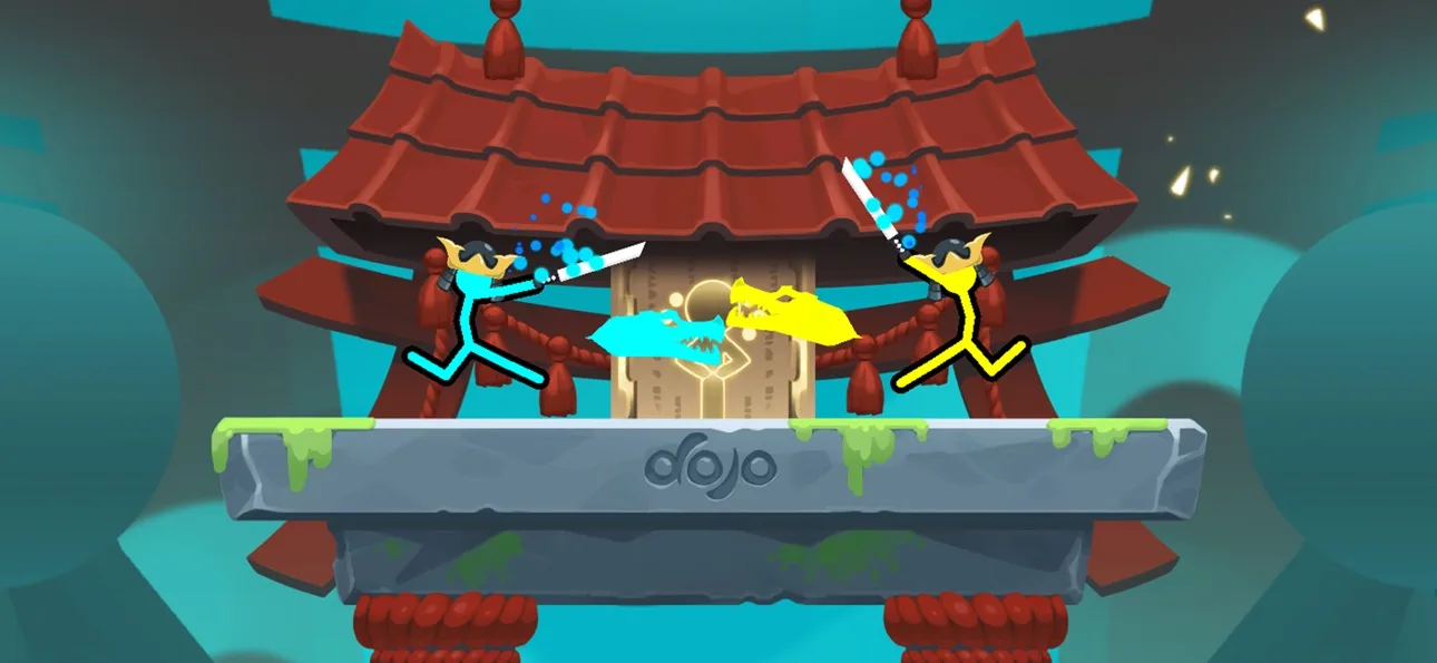 Кадр из Supreme Duelist Stickman: два стикмена сражаются оружием на арене